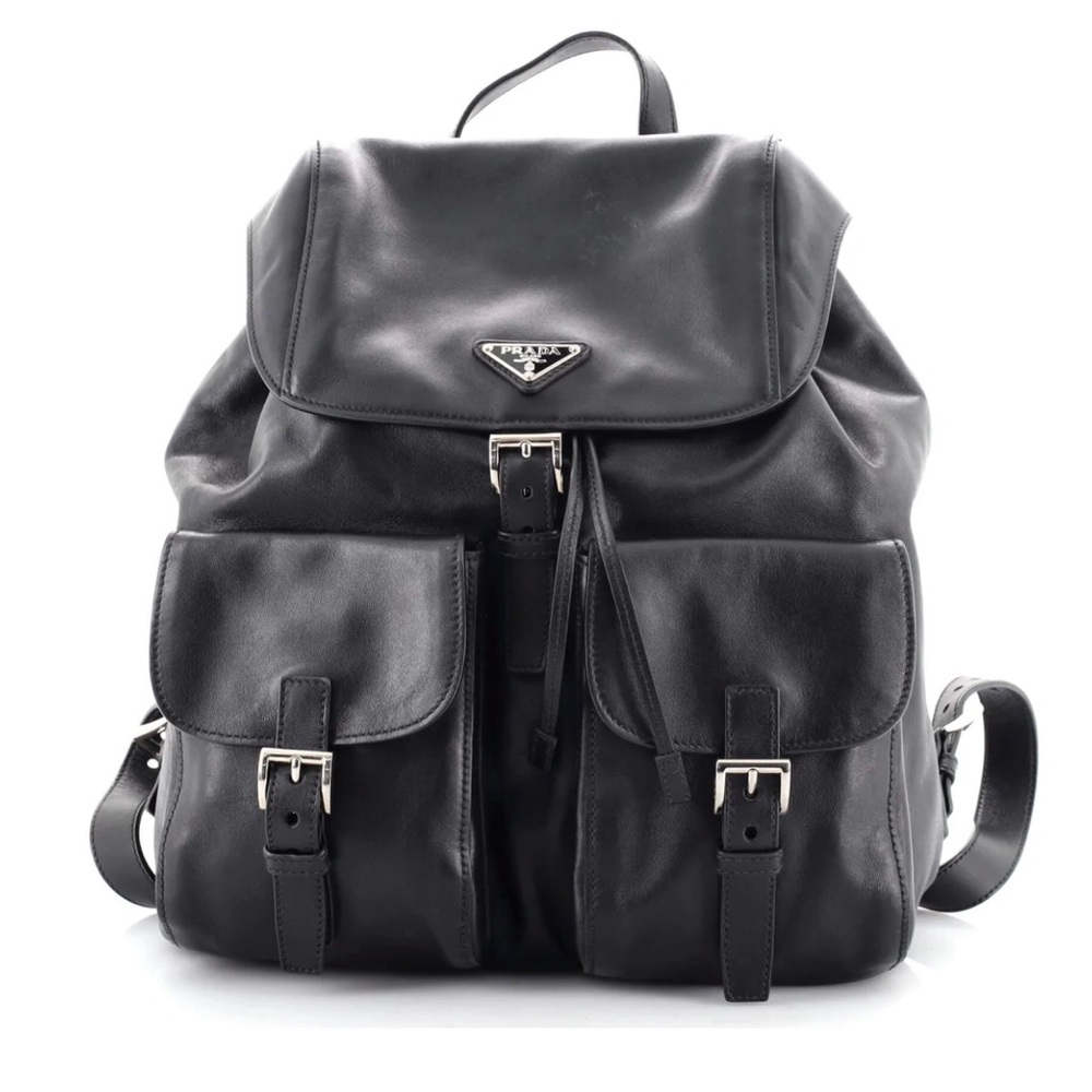Prada Double Pocket Drawstring Backpack Soft Calf Medium